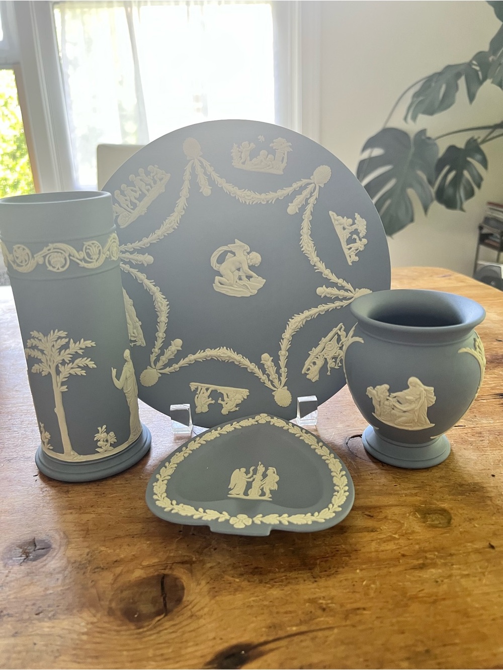 Iconic Wedgwood Blue Jasperware 4 Piece Set Plate, 2 Vases,Trinket Dish Pristine
